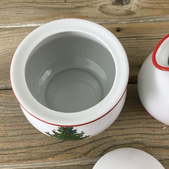 Cuthbertson American Christmas Tree Creamer & Sugar Bowl Set Porcelain Red Trim - Picture 5 of 10